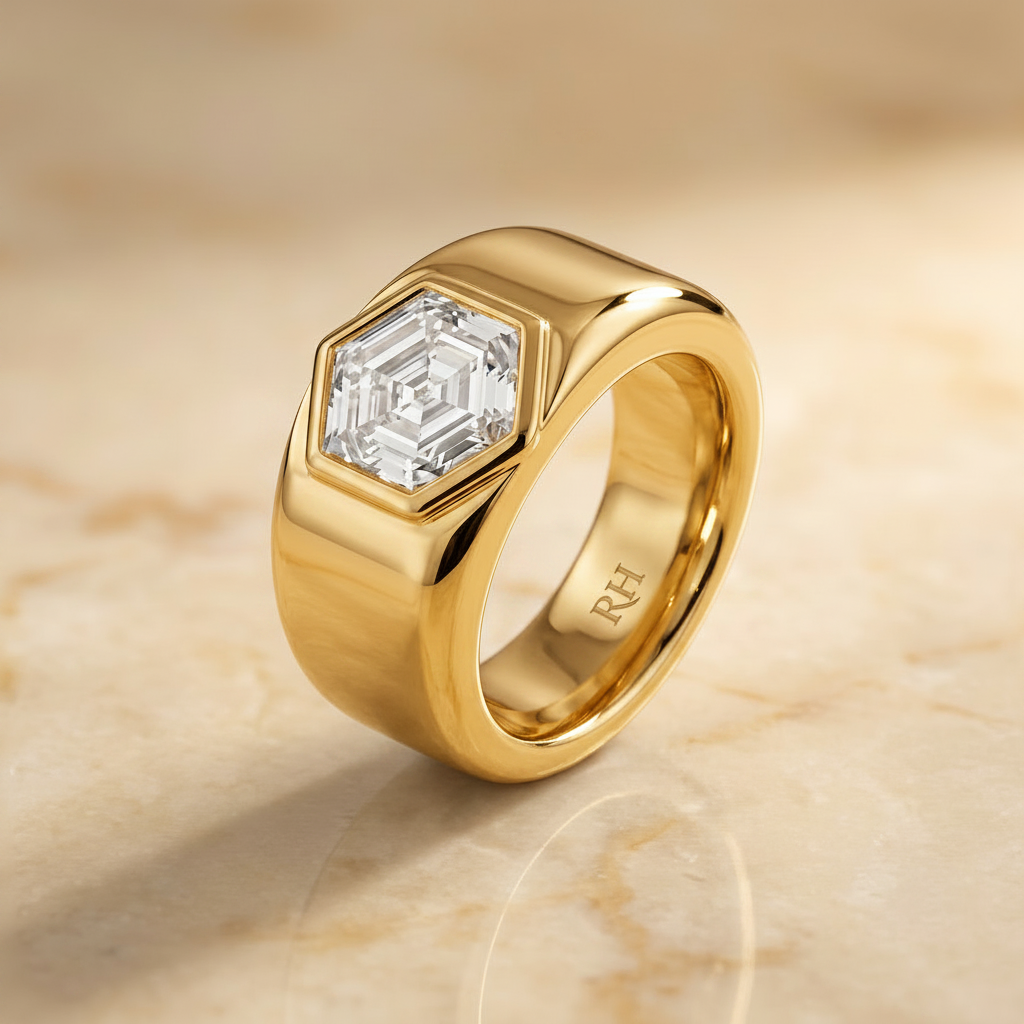 Bezel Set Cigar Band Hexagon styling on The Remi diamond engagement ring setting | RockHer