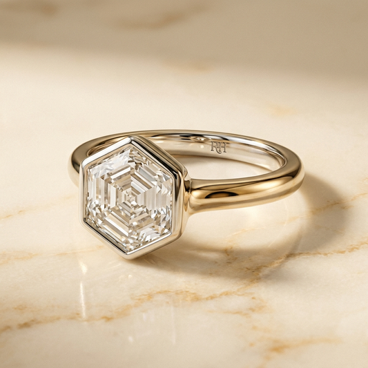 The Agnes bezel solitaire hexagonal engagement ring setting in platinum — alt-angle hero — RockHer