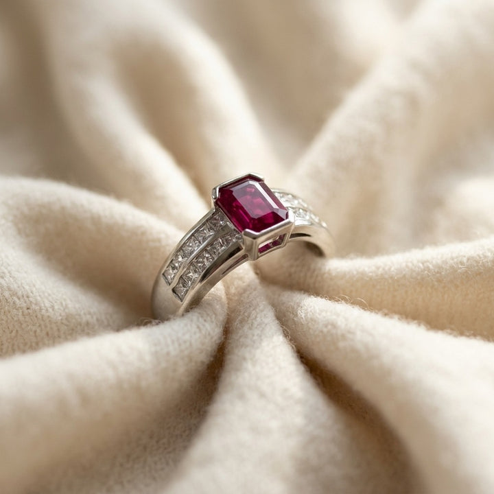 Emerald-Cut Ruby Center & Princess Cut Channel Set Diamond Shank in Platinum - flat lay