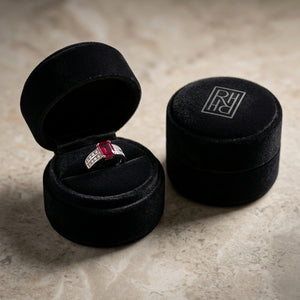 Emerald-Cut Ruby Center & Princess Cut Channel Set Diamond Shank in Platinum - presentation