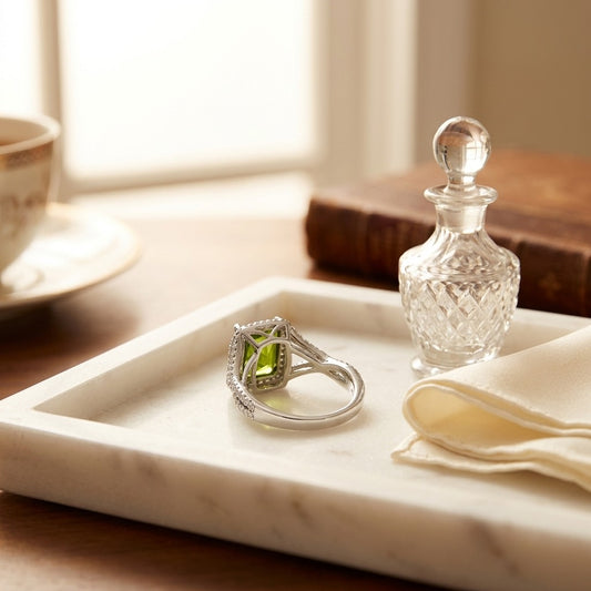 Peridot & Diamond Infinity Twist Ring in Platinum - editorial