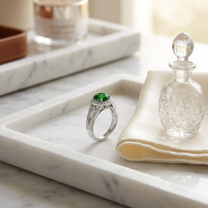 Green Tourmaline & Diamond Halo Split Shank Chevron Ring in Platinum - editorial