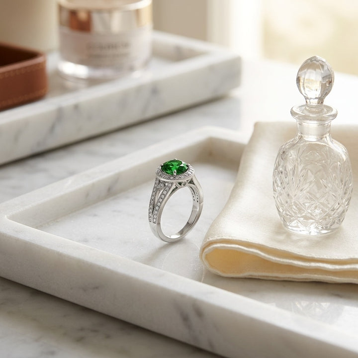 Green Tourmaline & Diamond Halo Split Shank Chevron Ring in Platinum - editorial