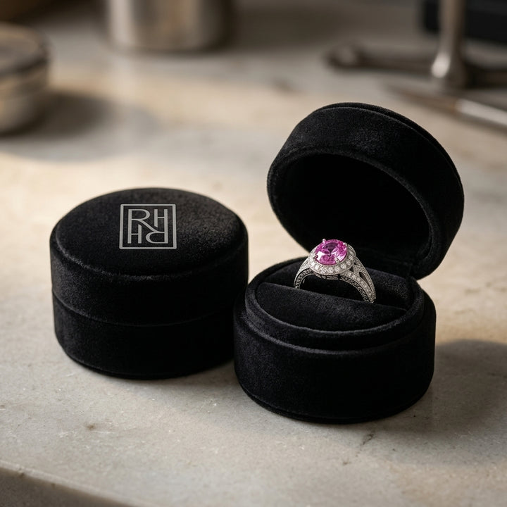 Pink Sapphire & Diamond Halo Split Shank Chevron Ring in Platinum - presentation