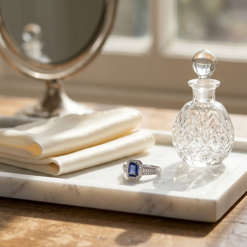 Sapphire Emerald Cut & Diamond Halo Ring in 14K White Gold - editorial