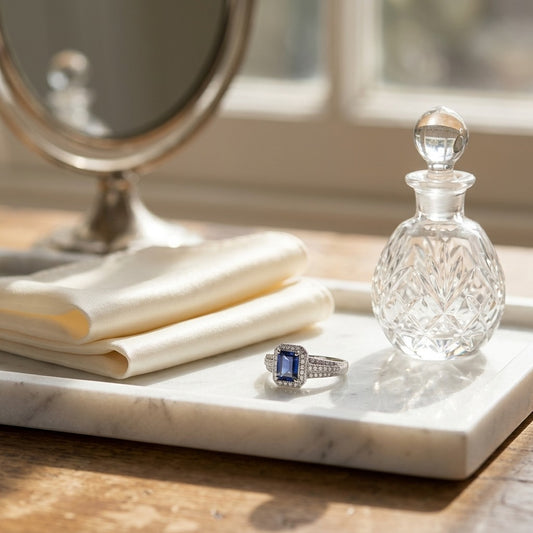 Sapphire Emerald Cut & Diamond Halo Ring in 14K White Gold - editorial