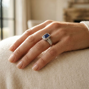 Sapphire Emerald Cut & Diamond Halo Ring in 14K White Gold - lifestyle