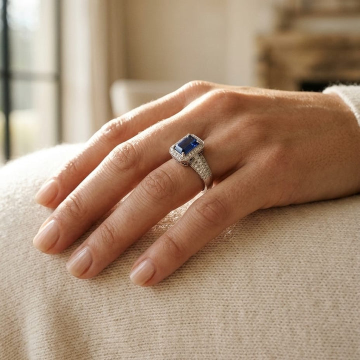 Sapphire Emerald Cut & Diamond Halo Ring in 14K White Gold - lifestyle