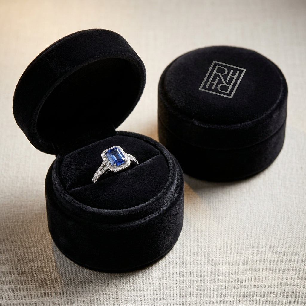 Sapphire Emerald Cut & Diamond Halo Ring in 14K White Gold - presentation