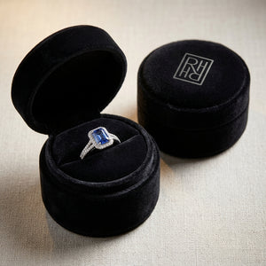Sapphire Emerald Cut & Diamond Halo Ring in 14K White Gold - presentation