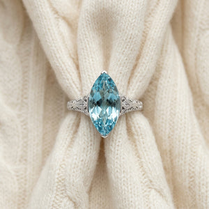 Aquamarine & Diamond Marquise Ring in Platinum - flat lay