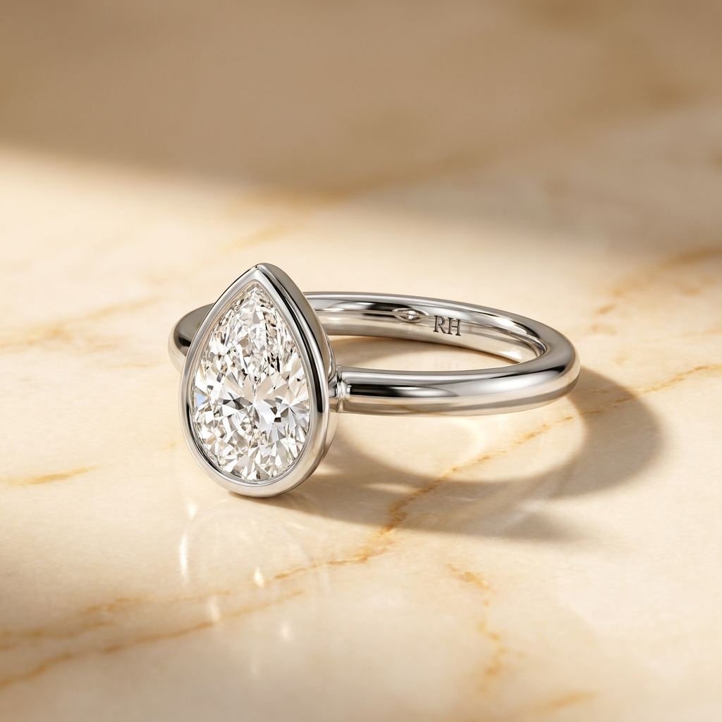 The Agnes Select bezel solitaire pear engagement ring in platinum — alt-angle hero — RockHer