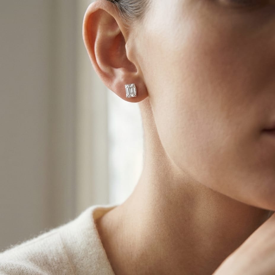 Natural Diamond Asscher Cut Stud Earrings in Platinum, 3 ct. t.w., worn close-up portrait