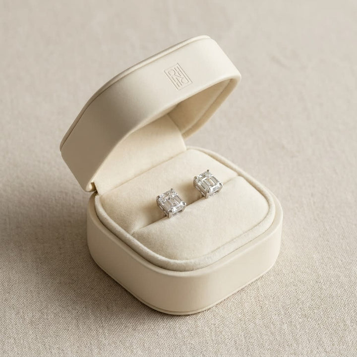 Natural Diamond Asscher Cut Stud Earrings in Platinum, 3 ct. t.w., in navy velvet jewelry box