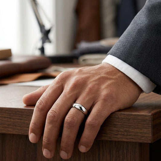 6mm Slightly Domed Traditional Oval Wedding Band in Platinum, worn on hand, masculine full view
