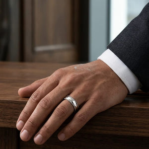 6mm Slightly Domed Traditional Oval Milgrain Wedding Band in Platinum, worn on hand, masculine full view