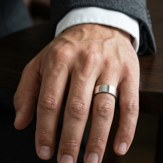 8mm Flat Comfort-Fit Wedding Band in Platinum, worn on hand, masculine close-up
