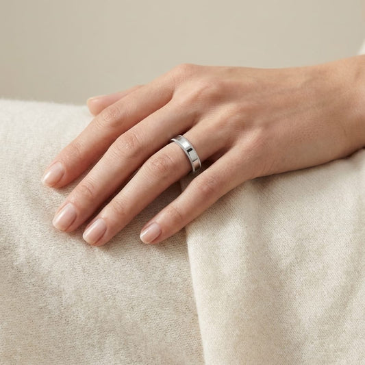 4mm Flat Milgrain Comfort-Fit Wedding Band in Platinum, worn on hand, full view