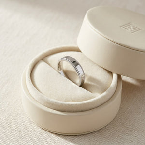 4mm Flat Milgrain Comfort-Fit Wedding Band in Platinum, in navy velvet jewelry box