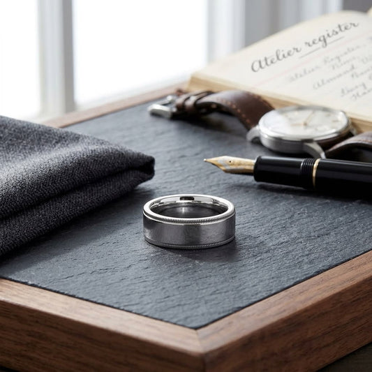 6mm Flat Milgrain Comfort-Fit Wedding Band in Platinum, on walnut surface with pocket square