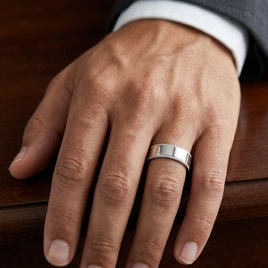 8mm Flat Milgrain Comfort-Fit Wedding Band in Platinum, worn on hand, masculine close-up