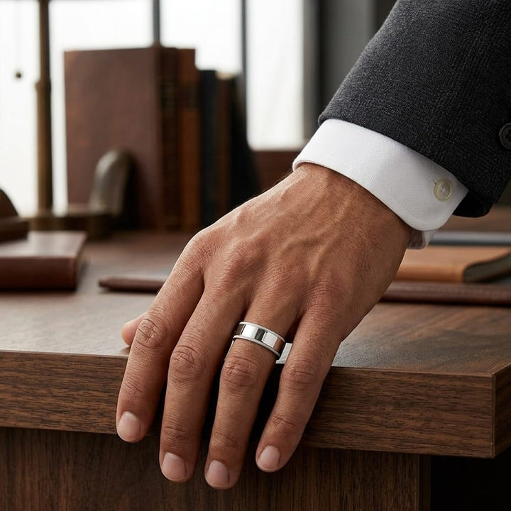 8mm Flat Milgrain Comfort-Fit Wedding Band in Platinum, worn on hand, masculine full view