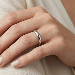 3.5mm Flat Comfort-Fit Wedding Band in Platinum, worn on hand, close-up