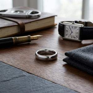 4.5mm Deluxe Comfort-Fit Wedding Band in Platinum, on walnut surface with pocket square