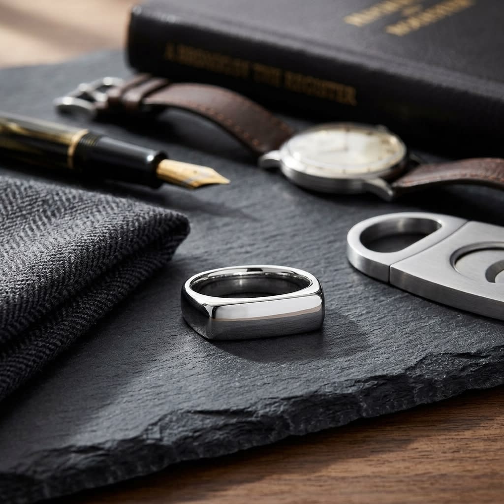 6.5mm Deluxe Comfort-Fit Wedding Band in Platinum, on walnut surface with pocket square