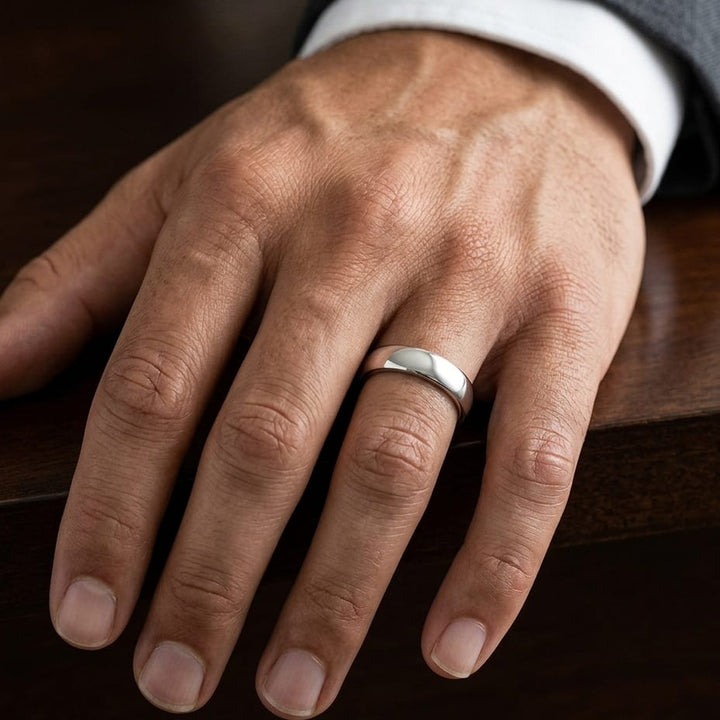 7.5mm Comfort-Fit Wedding Band in Platinum, worn on hand, masculine close-up