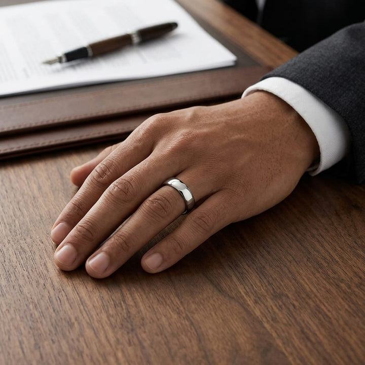7.5mm Comfort-Fit Wedding Band in Platinum, worn on hand, masculine full view