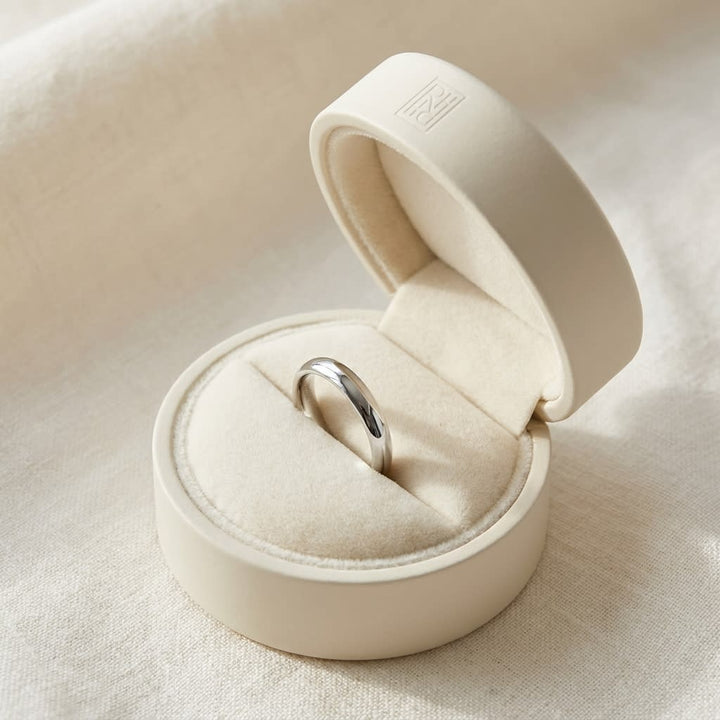 3mm High Dome Comfort-Fit Wedding Band in Platinum, in navy velvet jewelry box