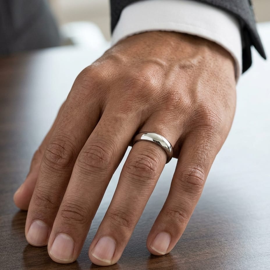 5mm High Dome Comfort-Fit Wedding Band in Platinum, worn on hand, masculine close-up