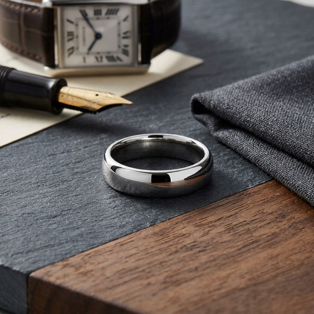 5mm High Dome Comfort-Fit Wedding Band in Platinum, on walnut surface with pocket square