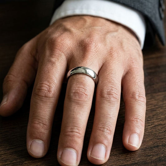 6mm High Dome Comfort-Fit Wedding Band in Platinum, worn on hand, masculine close-up