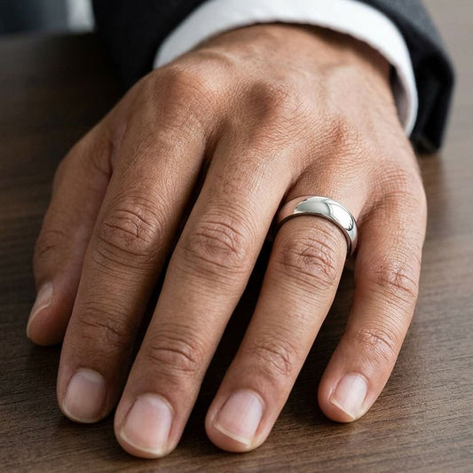 7mm High Dome Comfort-Fit Wedding Band in Platinum, worn on hand, masculine close-up