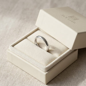 3mm Slightly Domed Comfort-Fit Wedding Band in Platinum, in navy velvet jewelry box