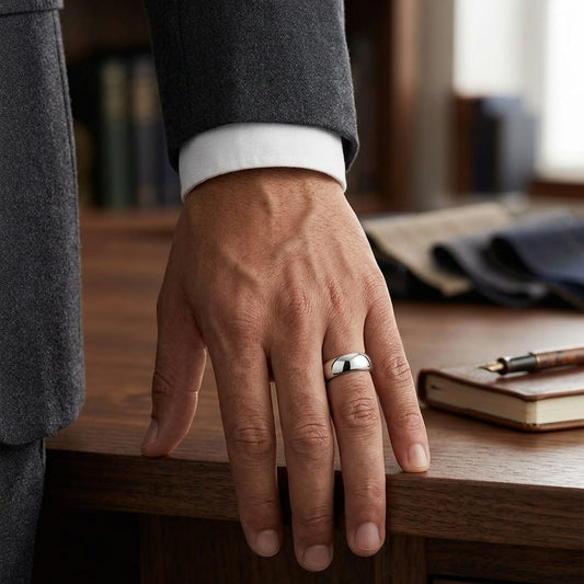 5mm Slightly Domed Comfort-Fit Wedding Band in Platinum, worn on hand, masculine full view