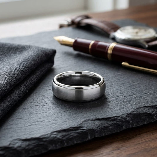 7mm Slightly Domed Comfort-Fit Wedding Band in Platinum, on walnut surface with pocket square
