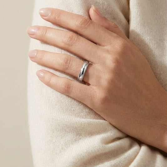 4mm Slightly Domed Milgrain Comfort-Fit Wedding Band in Platinum, worn on hand, full view