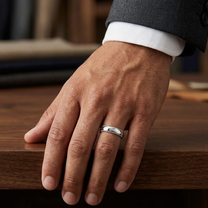 5mm Slightly Domed Milgrain Comfort-Fit Wedding Band in Platinum, worn on hand, masculine full view