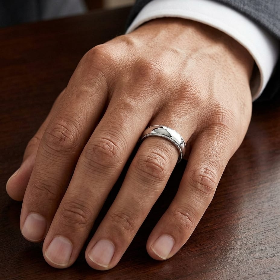 6mm Slightly Domed Milgrain Comfort-Fit Wedding Band in Platinum, worn on hand, masculine close-up