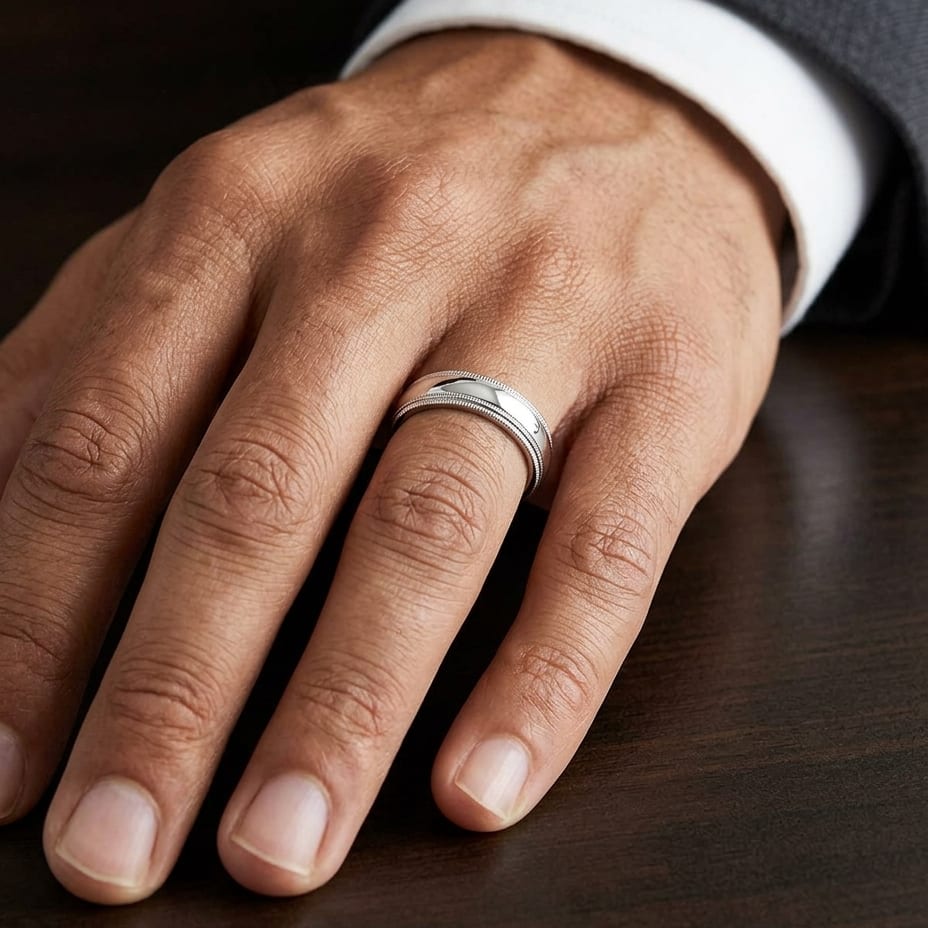 6mm Slightly Domed Double Milgrain Comfort-Fit Wedding Band in Platinum, worn on hand, masculine close-up