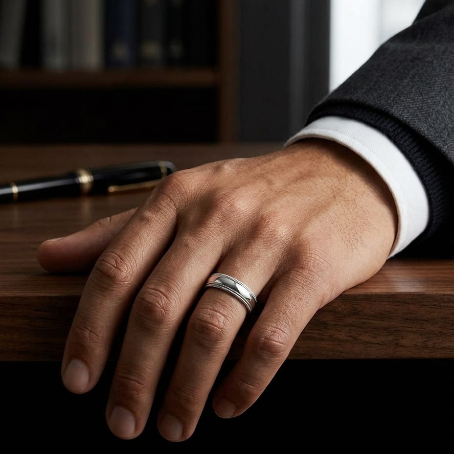 6mm Slightly Domed Double Milgrain Comfort-Fit Wedding Band in Platinum, worn on hand, masculine full view