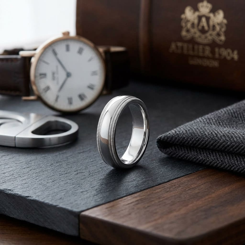 6mm Slightly Domed Double Milgrain Comfort-Fit Wedding Band in Platinum, on walnut surface with pocket square