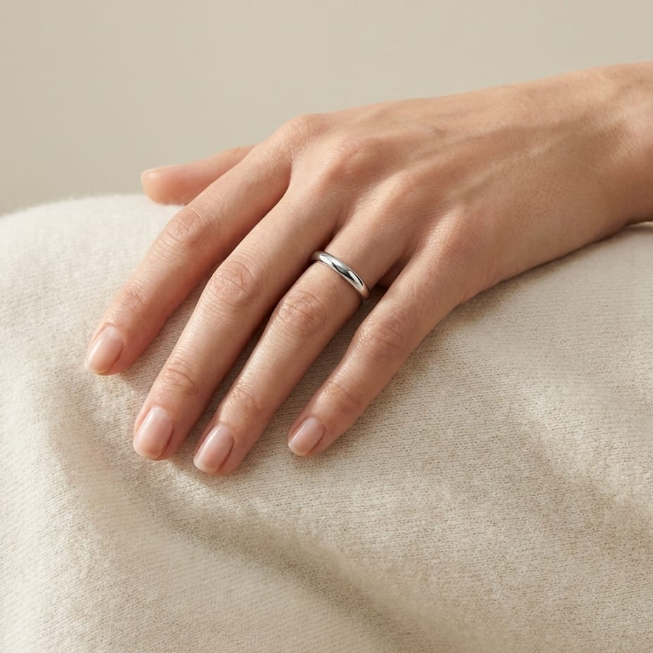 3mm Slightly Domed Super Light Comfort-Fit Wedding Band in Platinum, worn on hand, full view