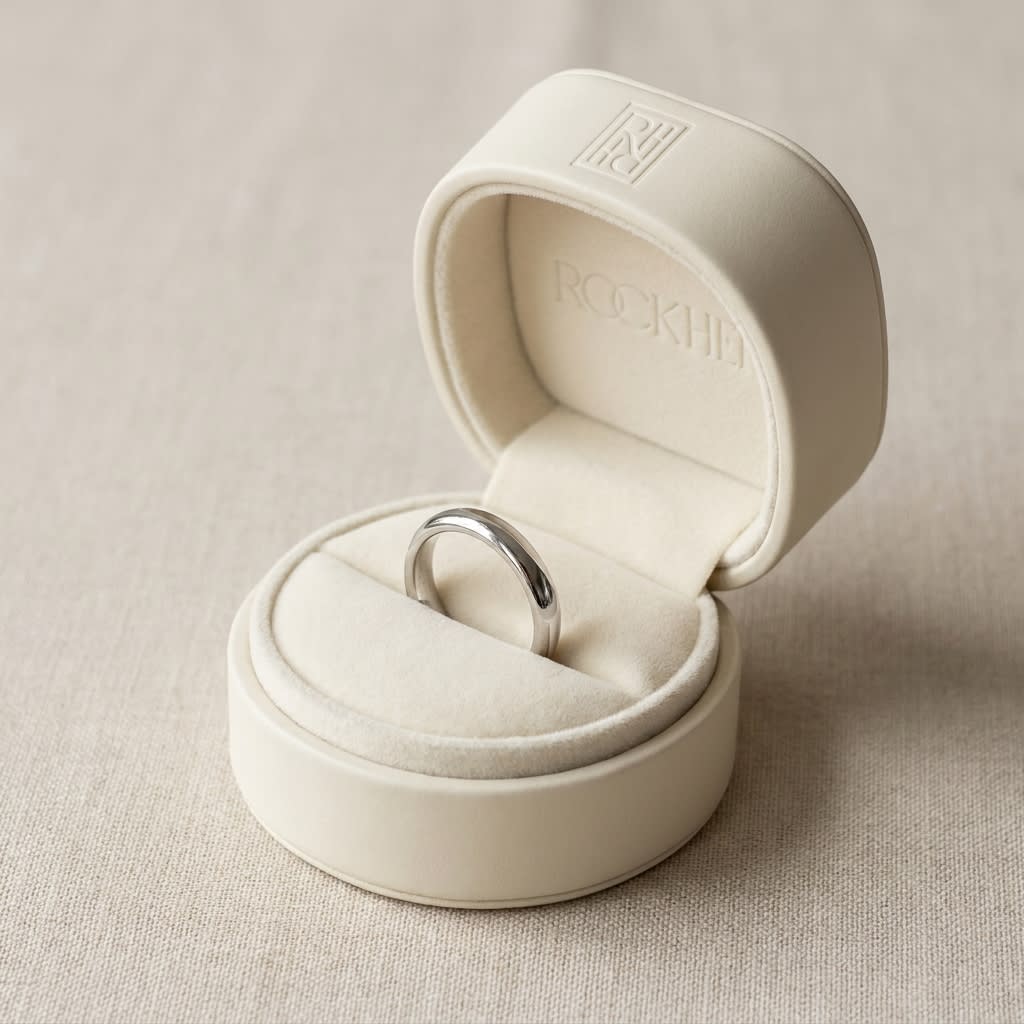 3mm Slightly Domed Super Light Comfort-Fit Wedding Band in Platinum, in navy velvet jewelry box