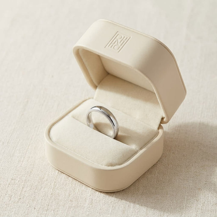 4mm Slightly Domed Super Light Milgrain Comfort-Fit Wedding Band in Platinum, in navy velvet jewelry box