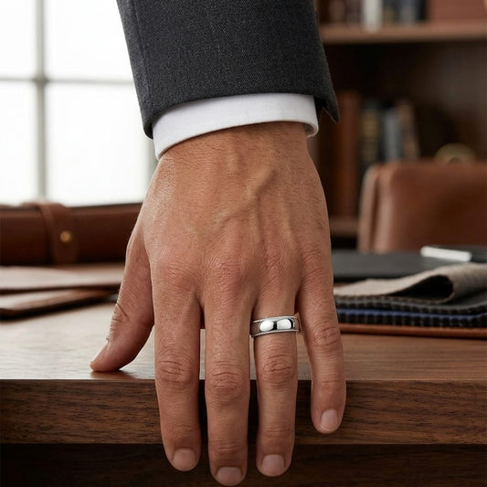 6mm Slightly Domed Super Light Milgrain Comfort-Fit Wedding Band in Platinum, worn on hand, masculine full view