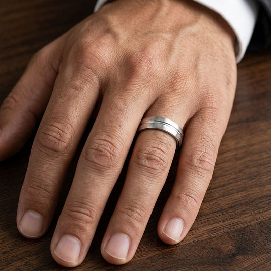 6mm Satin Finish High Polished Center Cut Carved Wedding Band in Platinum, worn on hand, masculine close-up